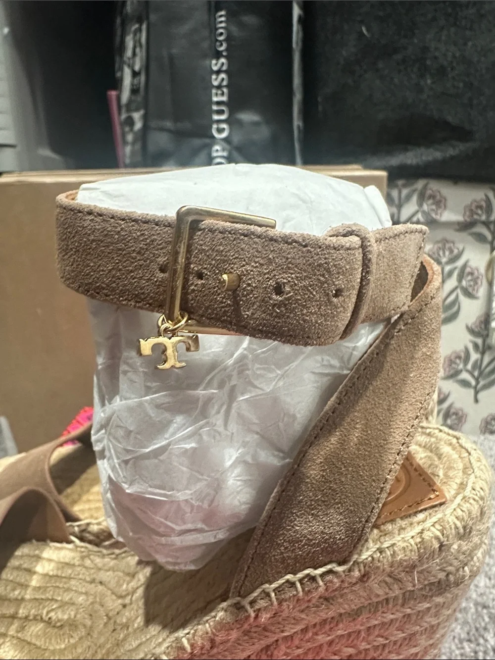 Tory Burch Tan Suede Espadrille Wedge Sandals with Ankle Strap